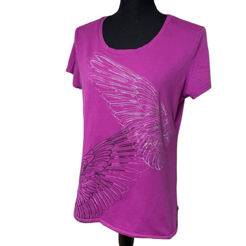 New York & Company Purple Short Sleeve Tee with Wing Graphic